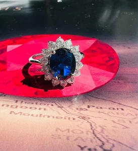 Princess Diana Ring Blue Sapphire Oval CZ Diamond Luxury Engagement Ring For Her - Picture 1 of 12