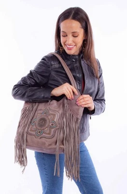 Bolso de hombro de cuero gris con flecos y tachuelas Scully para mujer OS Foto 1 de 2