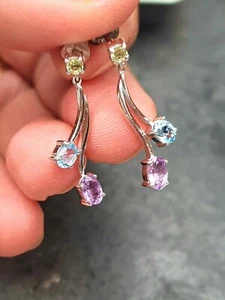 Topaz Amethyst Peridot Dangle Drop Earrings In 9ct White Gold 375 DEAREST Design - Picture 1 of 6