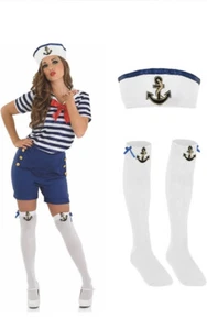 Womens Sassy Sailor Girl Costume & Socks S - XL Ladies Navy Cutie Fancy Dress - Picture 1 of 6