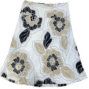 Women's H&M Size 12 White Black/Beige Floral Pattern Midi A Line Linen Skirt - Picture 1 of 6