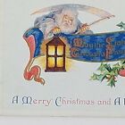 Blue Santa Suit Antique  Card UNUSED Christmas SCROLL LANTERN