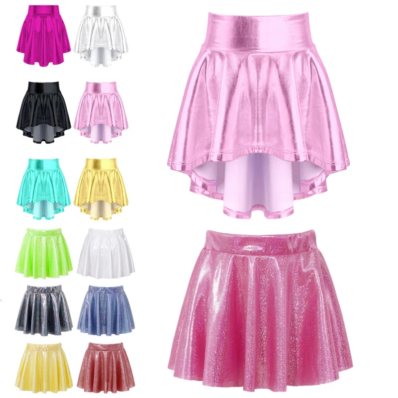 UK Girl Shiny Metallic Pleated Skirt High Waist Irregular Hem Modern Dance Skirt - Image 1 of 1