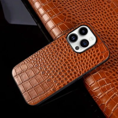 Retro Genuine Leather Case For iPhone 16 15 14 Pro Max Crocodile Pattern Cover - Image 1 of 4