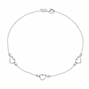 925 Sterling Silver Heart Shaped Ball Chain Anklet for Women & Girls 10" Inches - Picture 1 of 4