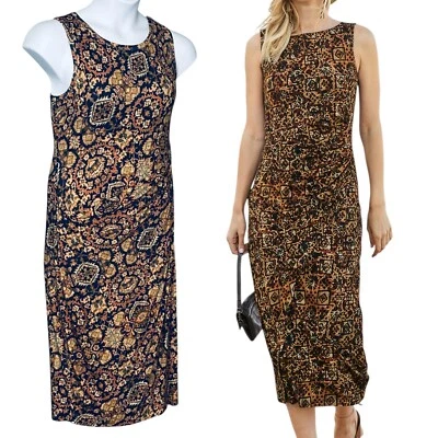 Peruvian Connection Sleeveless Midi Dress Chavin Ruched Aztec Sheath Size Medium Foto 1 de 4