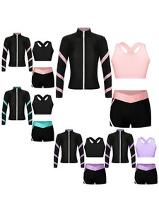 Kids Girls Set U Neck Tracksuit Sport Tops Outfit Cross Sets V-front Shorts - Picture 1 of 57