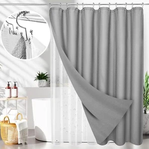 3 in 1 Waterproof Waffle Weave Shower Curtain and Clear Liner Set with 12 Sta... - Picture 1 of 3