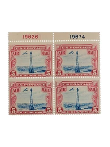 U.S. STAMP #C11 BEACON AIR MAIL BLOCK 4 WITH 2 PL NUMBERS 1928 UNUSED 5 Cent - Picture 1 of 4