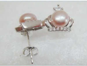 Pair of 7mm natural south sea genuine pink lavender pearl crown earring 5656aaa - Picture 1 of 4