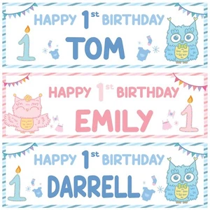 2 personalised happy 1st birthday banner baby animal owl boy girl party poster - Picture 1 of 4