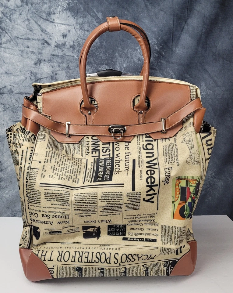 Vintage Style Rolling Tote Bag Travel Luggage Newspaper Print - Image 1 of 4