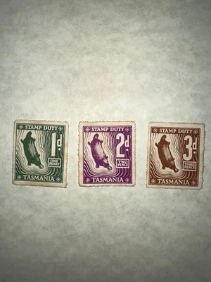Rare 1955 Tasmania 1d 2d 3d Set Platypus Stamp Duty Stamp MNH Gummed - Image 1 of 2