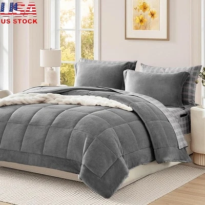 Juego de edredón de felpa Queen ropa de cama suave cálida microfelpa franela caja costura nuevo Foto 1 de 4