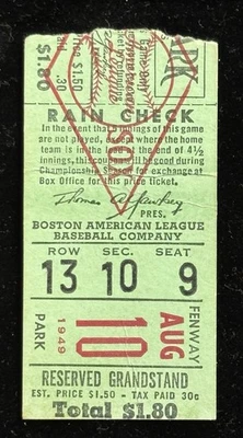 Boleto Boston Red Sox 1949/Ted Williams 2 Hit Record 84 GM On Base Streak 8/10⚾️ Foto 1 de 2