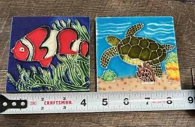 Sea Turtle  Clown Fish Swimming in Coral-Seaweed Coastal 4x4 Ceramic Tiles - Image 1 of 4