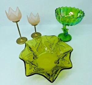 4 VINTAGE Indiana Glass Iridescent Green Amber Candy Dish Bowls PartyLite Candle - Picture 1 of 8
