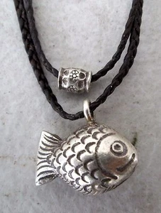 NiCe! Hmong Silver & Hemp Koi Carp Fish Bell Amulet Necklace - Picture 1 of 5