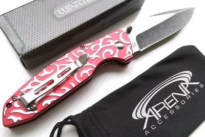 Wartech Tribal Red Pocket Knife EDC Blade Tip Up Carry Stonewash Spring Assisted - Image 1 of 4