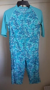 Coolibar Barracuda Neck-to-Knee Surf Suit Large Youth Aqua Blue Swim Suit EUC - Picture 1 of 6