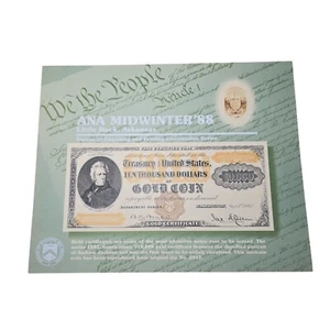 ANA Midwinter 1988 Souvenir Engraving $10,000 Gold Coin Certificate Ephemera - Picture 1 of 5
