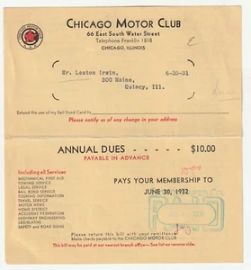 1931 CHICAGO MOTOR CLUB MEMBERSHIP DUES - LEATON IRWIN QUINCY ILLINOIS - Picture 1 of 2
