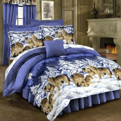 Conjunto de edredom branco azul lobos de neve Wolf Moon 4 peças cama queen size completa - Imagem 1 de 2
