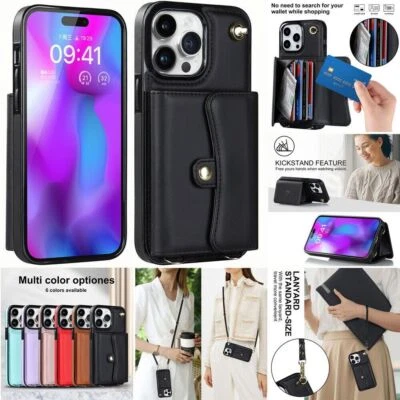 Leather Crossbody Card Wallet Phone Case For iPhone 11 12 13 14 Samsung S22 S23 - Image 1 of 4