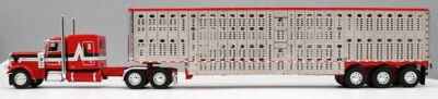 DCP FIRST GEAR 1/64 SCALE 389 PETERBILT FLAT TOP RED, LIVESTOCK TRAILER #60-0812 - Image 1 of 2