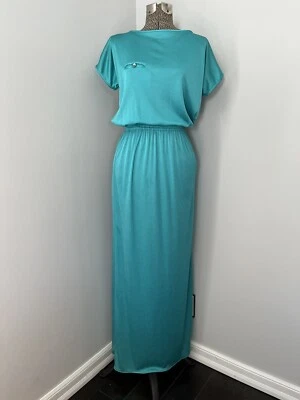Vtg 70s/80s Ursula of Sweden Maxi Dress Turquoise Cinch Waist Side Slit 11/12 - Image 1 of 4