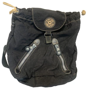 KIPLING Vintage 1990's Black Drawstring Backpack Bag 12x12 Adjustable Straps - Picture 1 of 19