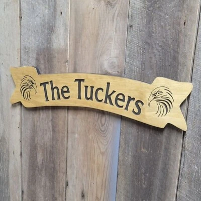 Personalized Hand Carved Wooden Name Sign Ribbon Shaped with Eagle Choose Design - Image 1 of 4