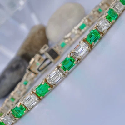 Green Emerald Bracelet Lab Created Diamond Emerald Cut 8 Carat 18K Yellow Gold - Image 1 of 4