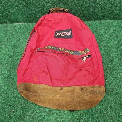 复古 90 年代 Jansport Aztec 西南背包麂皮绒皮革底部红色日装 — 第 1/4 张图片