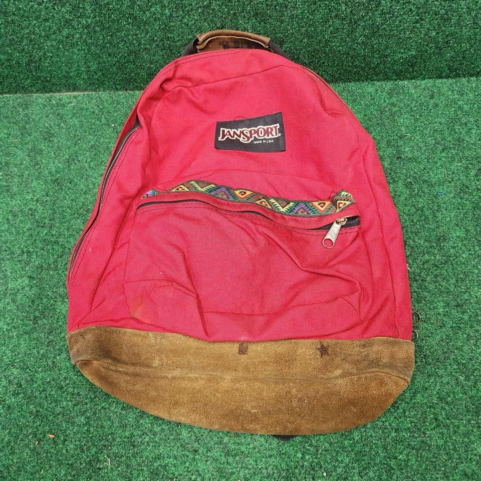 Mochila de día vintage años 90 Jansport Azteca Suroeste parte inferior de cuero gamuza roja Foto 1 de 4