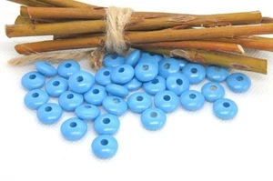 50 perles en bois plates bleu tendre pour attache tétine 10 mm Norme CE - Foto 1 di 1