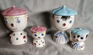 Vintage 50er Jahre Junge und Mädchen Clown Eierbecher mit passenden Salz und Pfefferstreuern - Bild 1 von 5