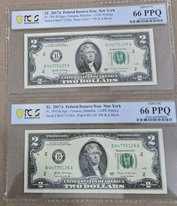 $2 2017A FRN New York 2 Notes Gem Unc PCGS 66 PPQ Consecutive Tow Double Digital - Picture 1 of 4