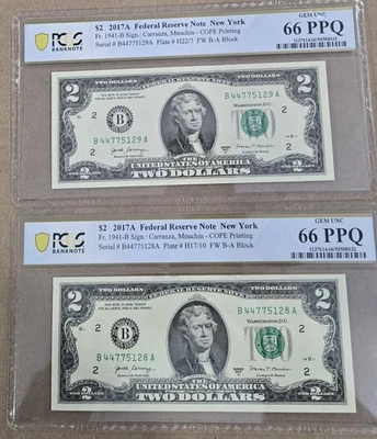 $2 2017A FRN New York 2 Notes Gem Unc PCGS 66 PPQ Consecutive Tow Double Digital - Image 1 of 4