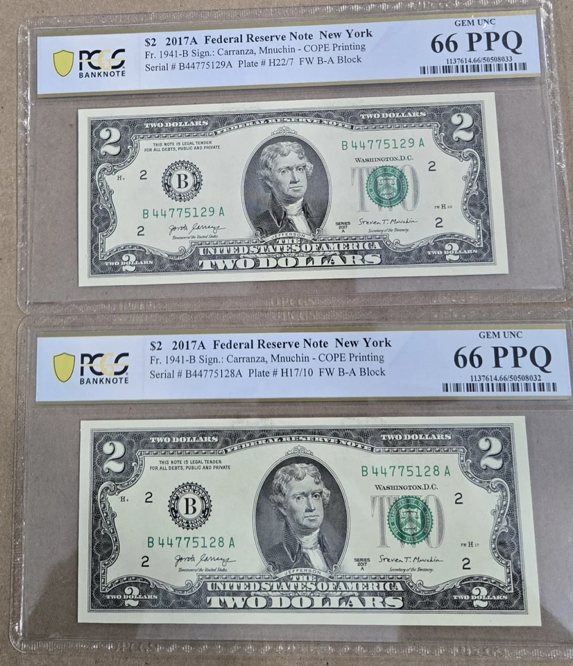 $2 2017A FRN New York 2 Notes Gem Unc PCGS 66 PPQ Consecutive Tow Double Digital - Image 1 of 4
