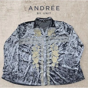 Andree by Unit Crushed Velvet Embroidered Boho Button Up Top Blue & Taupe 2X - Picture 1 of 8