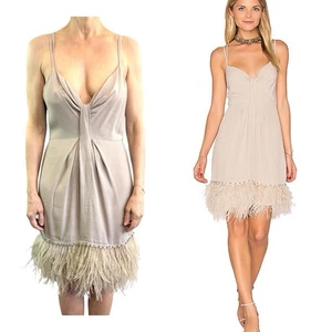SAYLOR Size S 8 10 (4 6 US) Wheat Sand Taupe Mallory Slip Dress with Feather Hem - Picture 1 of 24