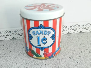 VINTAGE CANDY 1 CENT NOSTALGIC RED WHITE STRIPE PEPPERMINT TIN CANISTER - Picture 1 of 4
