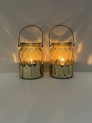 "2 linternas de vela de vidrio de mercurio espejado dorado de 5,5"" con asas de alambre trenzado" Foto 1 de 4
