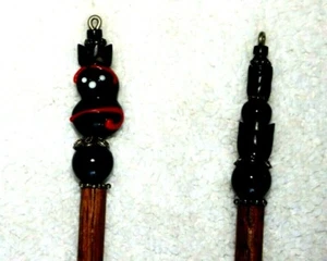 PR. of HAND CRAFTED WOOD HAIR STICKS with BLACK DECORATED GLASS/STONE BEADS-OOAK - Picture 1 of 5