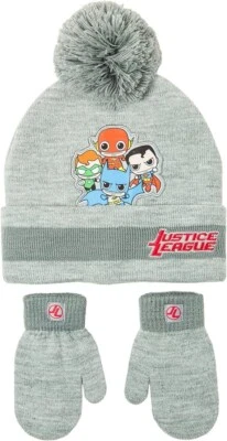 Juego de 2 gorro y manoplas Justice League para niños pequeños para clima frío, gris Foto 1 de 3