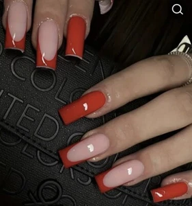 Fake Nails Long Length Red Square, Shiny - Picture 1 of 2