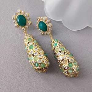 Real Fluorite Quartz Trimmed Teardrop Green Jade Stud Dangle Earrings Gift - Imagen 1 de 6