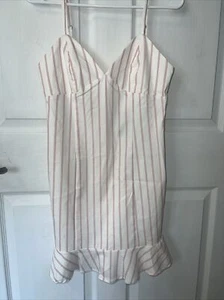 Forever 21 Women’s Mini Dress Sz Large White Red Stripe Stretch Back Zippered - Picture 1 of 9