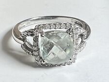 10k Diamond Prasiolite Green Amethyst White Gold Halo Cushion 3 Ct Ring Size 7.5